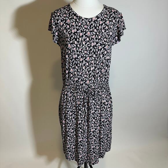 a.n.a. A New Approach Black‎ Floral Cap Sleeve Dress Womens Size Medium Pullover - Picture 1 of 10